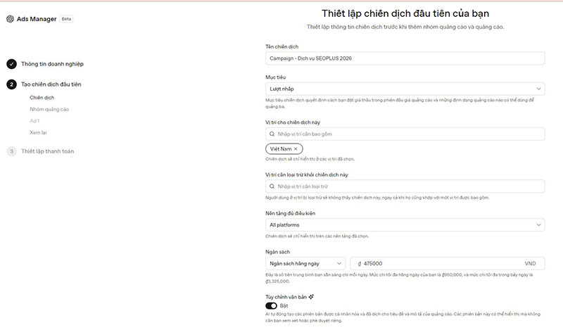 tạo chiến dịch ads chatgpt